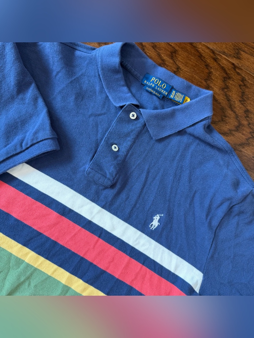 Polo Ralph Lauren Men’s XL Custom Slim Fit Polo Shirt Navy Multicolor Stripe